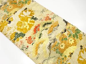 アンティーク　鶴に松竹梅・牡丹模様織り出し名古屋帯（262センチ）（材料）